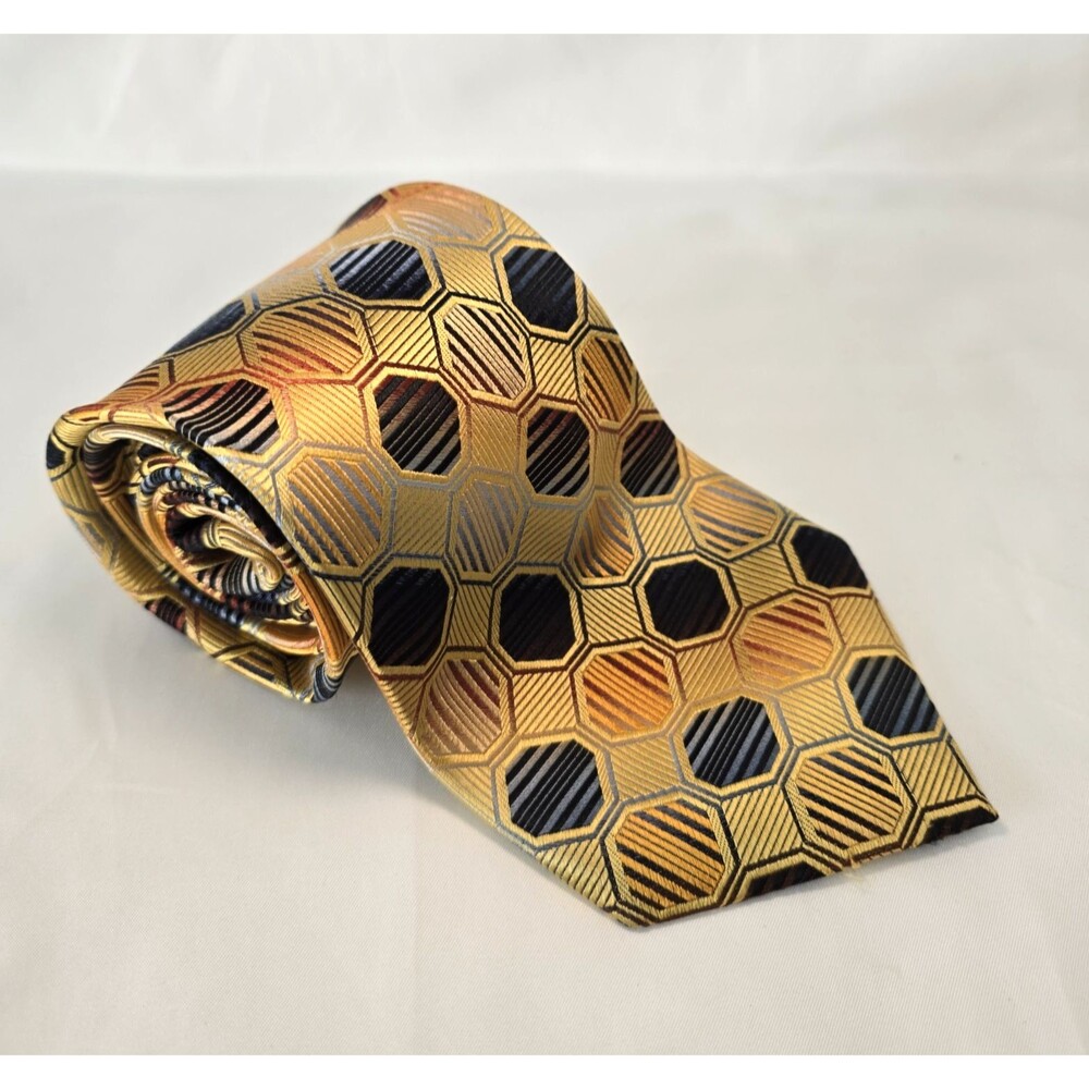 Belisi‎ 100% Silk Hand Made Tie - Gold, Amber, Blue Extra Long 67.5" x 4"
